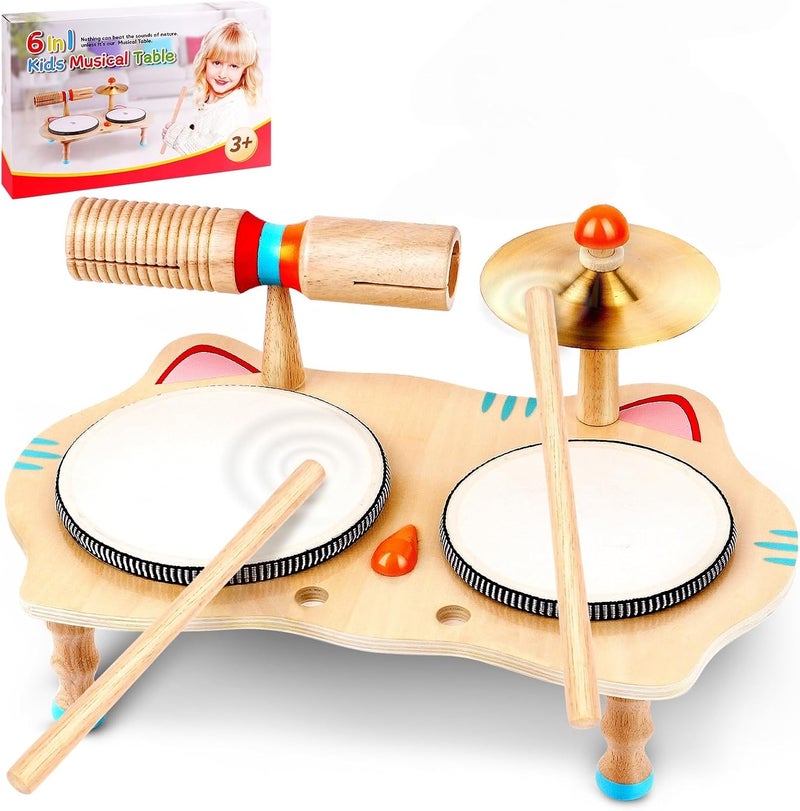 wingyz Store Kids Drum Set – 6-in-1 Wooden Musical Instruments for Toddlers 1–3, Montessori Baby Music Set with Drums, Cymbal & Tone Block, FSC-Certified Cat Design Table for Home & Classroom Learning Gift - Image 1
